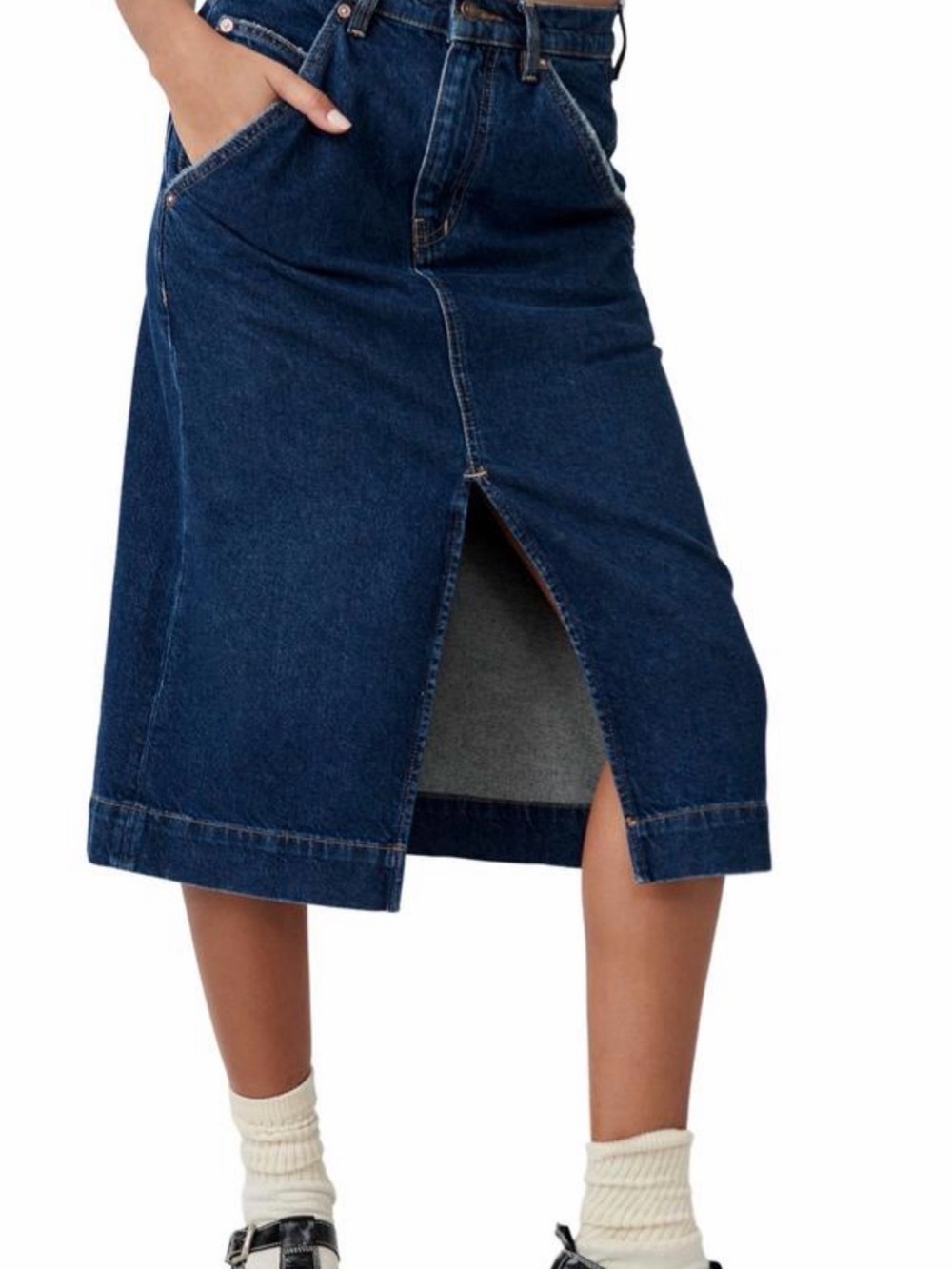 Free People Wild Roses Dark Indigo Denim Midi Skirt with Front Slit
